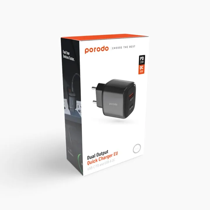 PORODO Dual Output USB-C PD And USB-A QC Quick Charger EU - Image 2