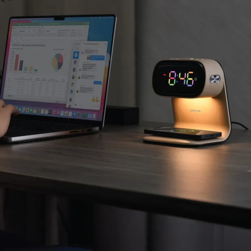 Green Lion Bedside Clock with Wireless Charger - Image 2