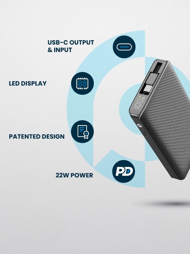 Powerology 10000mAh Retractable Cable Power Bank with 22W PD.