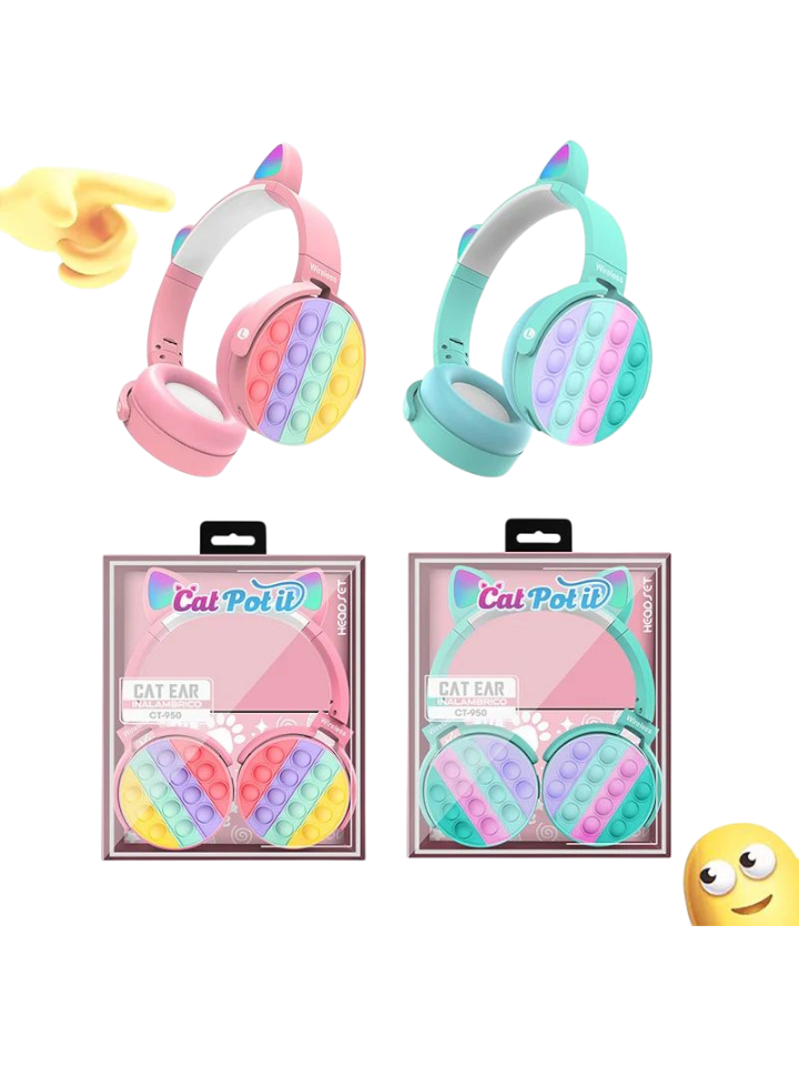 Cat Ear Pop It Headphones for Kids – Bluetooth 5.0, Pop Fidget Toy, LED Ears