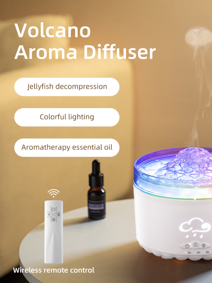 V76B 3D Volcano Simulation Flame Aroma Diffuser with 7 Color LED
