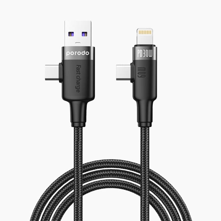 Porodo Braided 60W USBA/ Type C to C/C-L Fast Charging Cable 1M