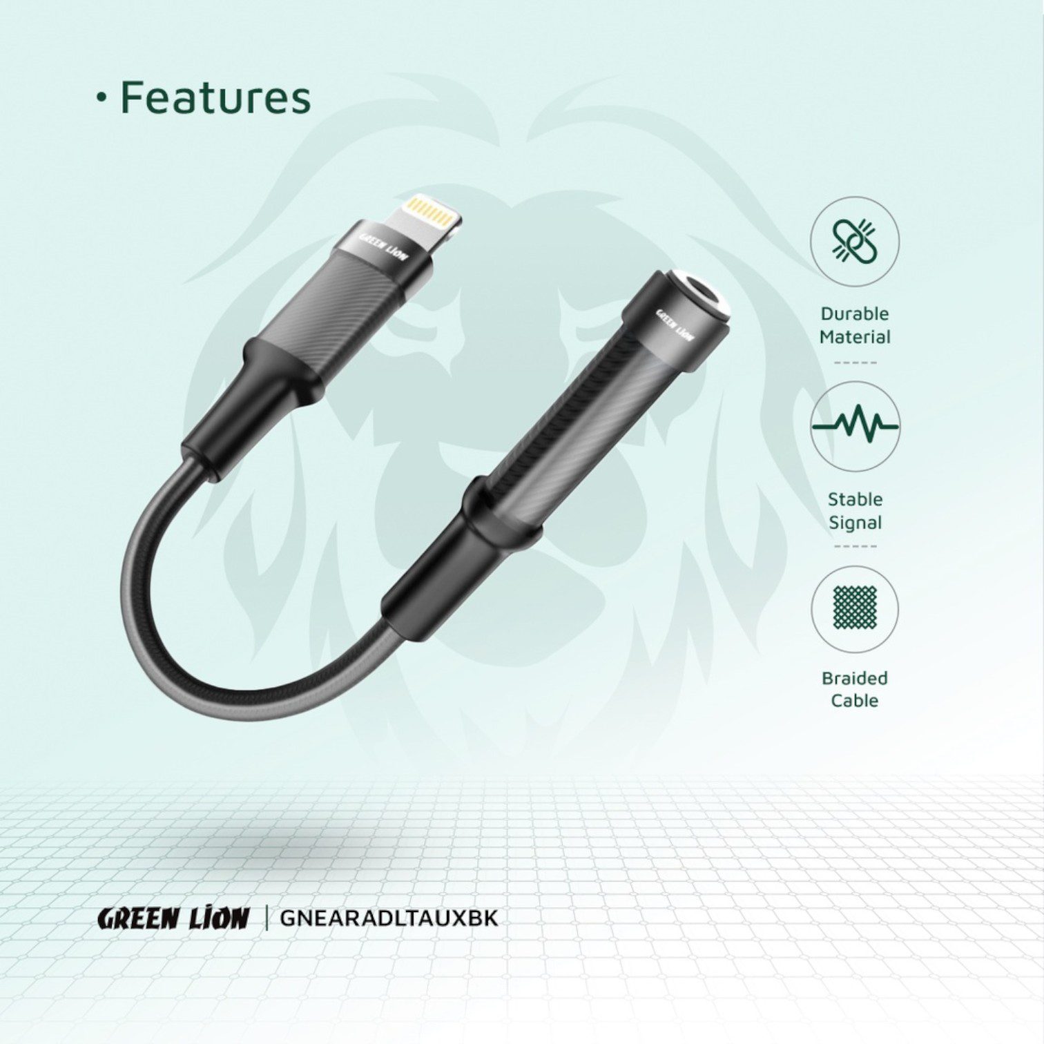 Green Lion earphone adapter, Lightning to 3.5mm adapter, audio jack adapter, braided audio adapter, durable Lightning adapter, headphone adapter iPhone