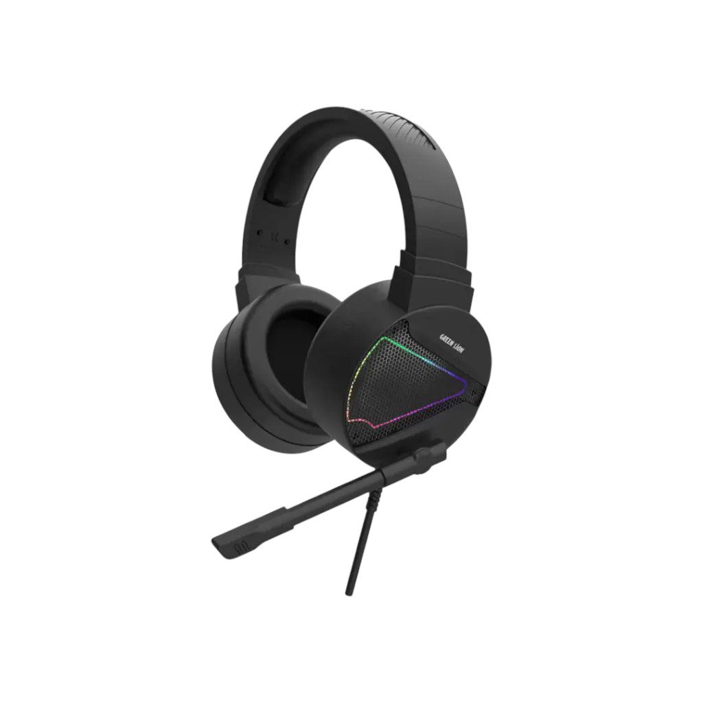 Green Lion GP27X gaming headset with 50mm drivers, RGB lighting and clear mic for immersive gameplay.