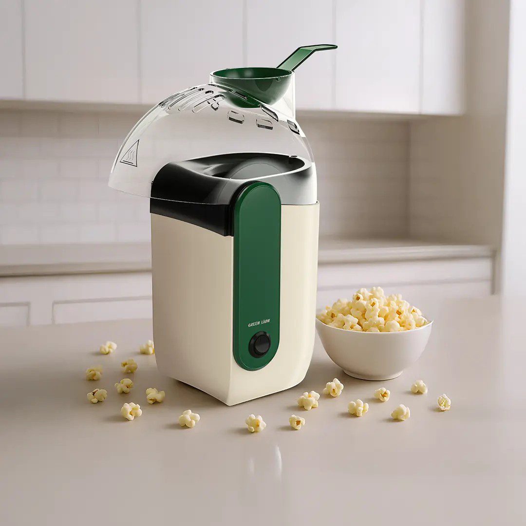 Make healthy popcorn at home with Green Lion Pop Mate 1200W popcorn maker featuring hot air popping and overheat protection.