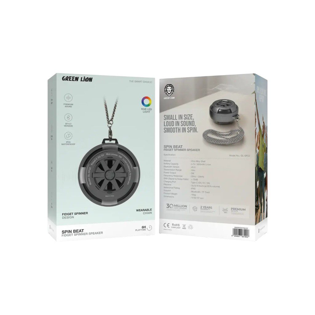 GNSPFDGTSKGY (1) Green Lion Spin Beat fidget spinner Bluetooth speaker with 5W sound, RGB lights, IPX6 waterproof design and TF card support.