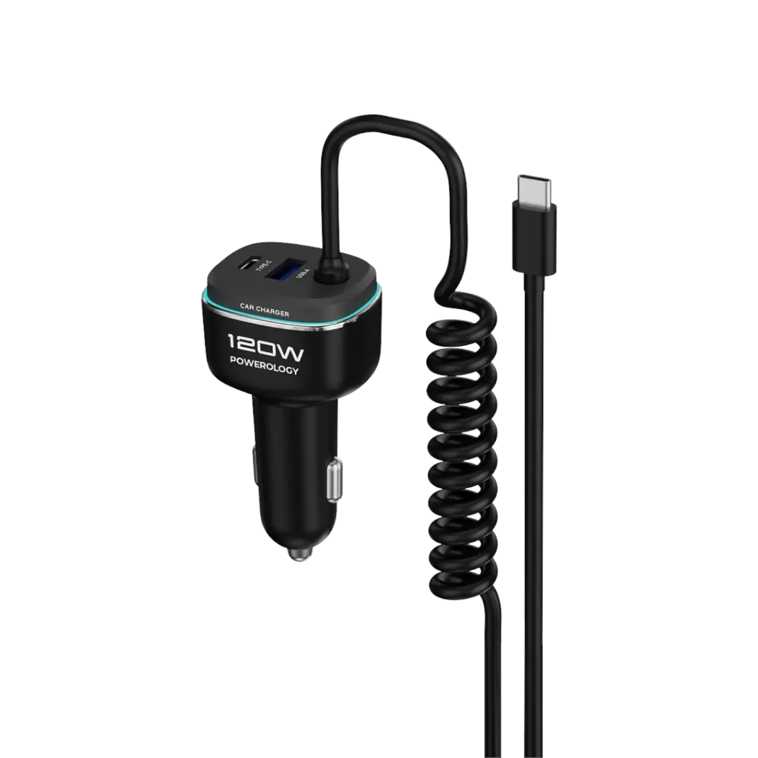 Powerology car charger, 120W fast car charger, PD 45W car charger, USB-C car charger, retractable cable car charger, laptop car charger, QC 30W charger