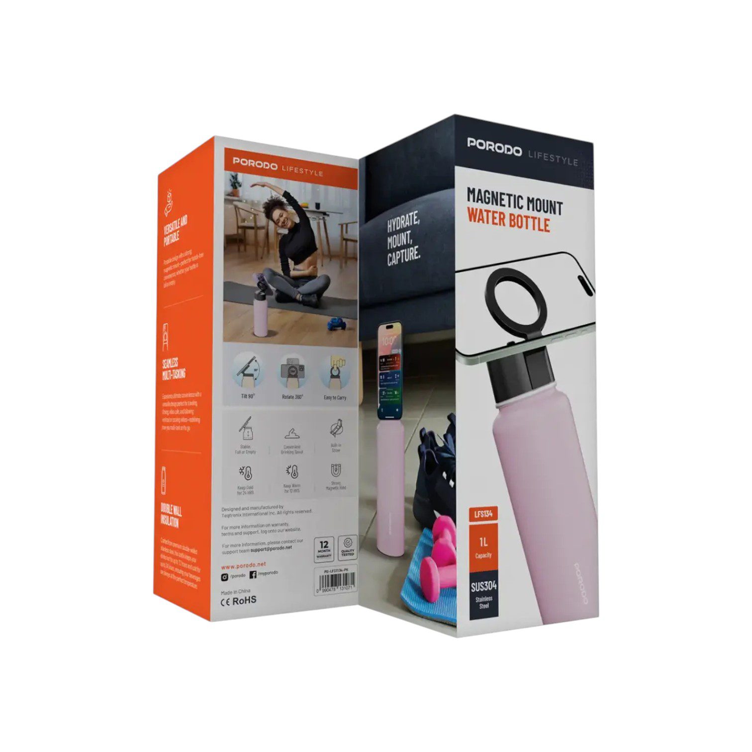 PD-LFST134-BK (3) Hydrate and multitask with the Porodo Lifestyle Magnetic Mount Water Bottle. This 1L stainless steel flask keeps drinks cold for 24 hours and features a 360° rotating magnetic phone mount—perfect for the gym, office, and outdoor adventures.