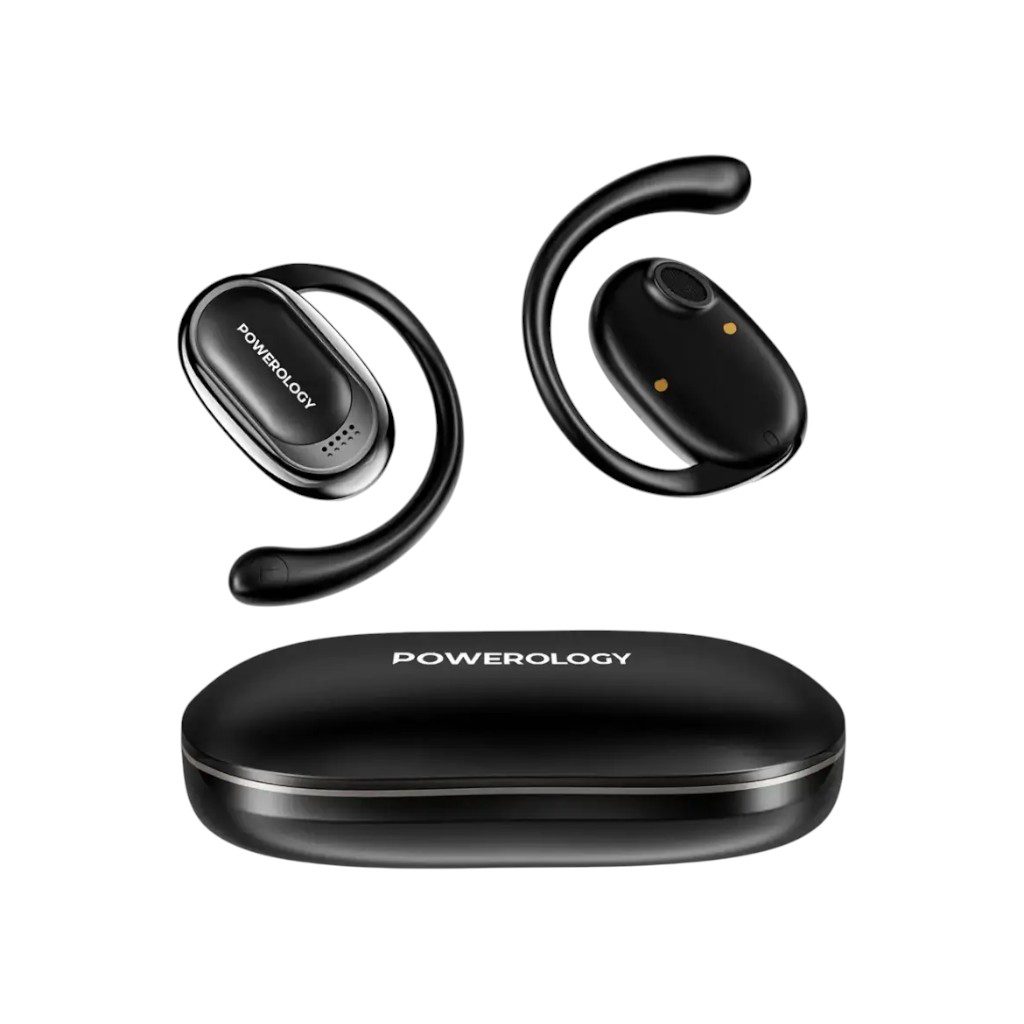 Powerology Oura open-ear earbuds with Bluetooth 5.4, immersive audio, smart touch controls and all-day comfort with situational awareness.