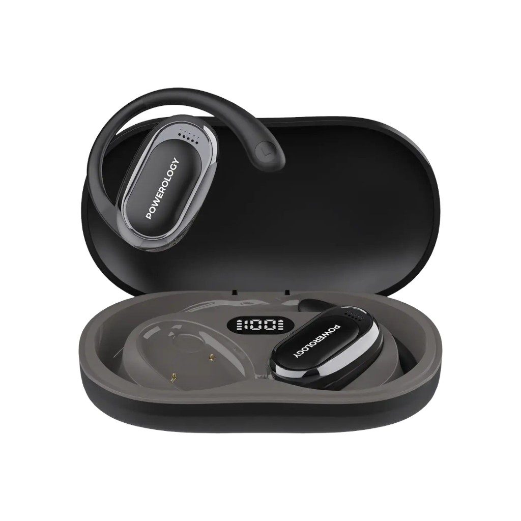 Powerology Oura open-ear earbuds with Bluetooth 5.4, immersive audio, smart touch controls and all-day comfort with situational awareness.