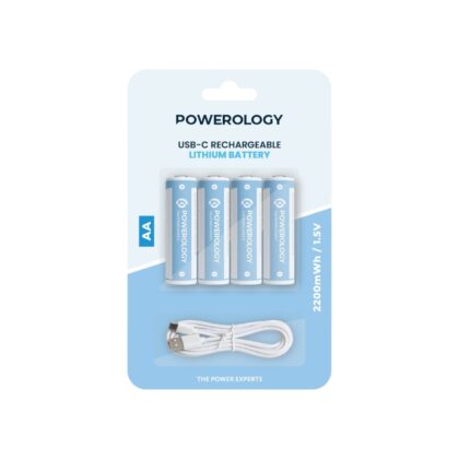 Powerology AA rechargeable batteries, USB-C AA battery, rechargeable AA battery pack, 1.5V rechargeable batteries, fast charging AA batteries, eco friendly batteries