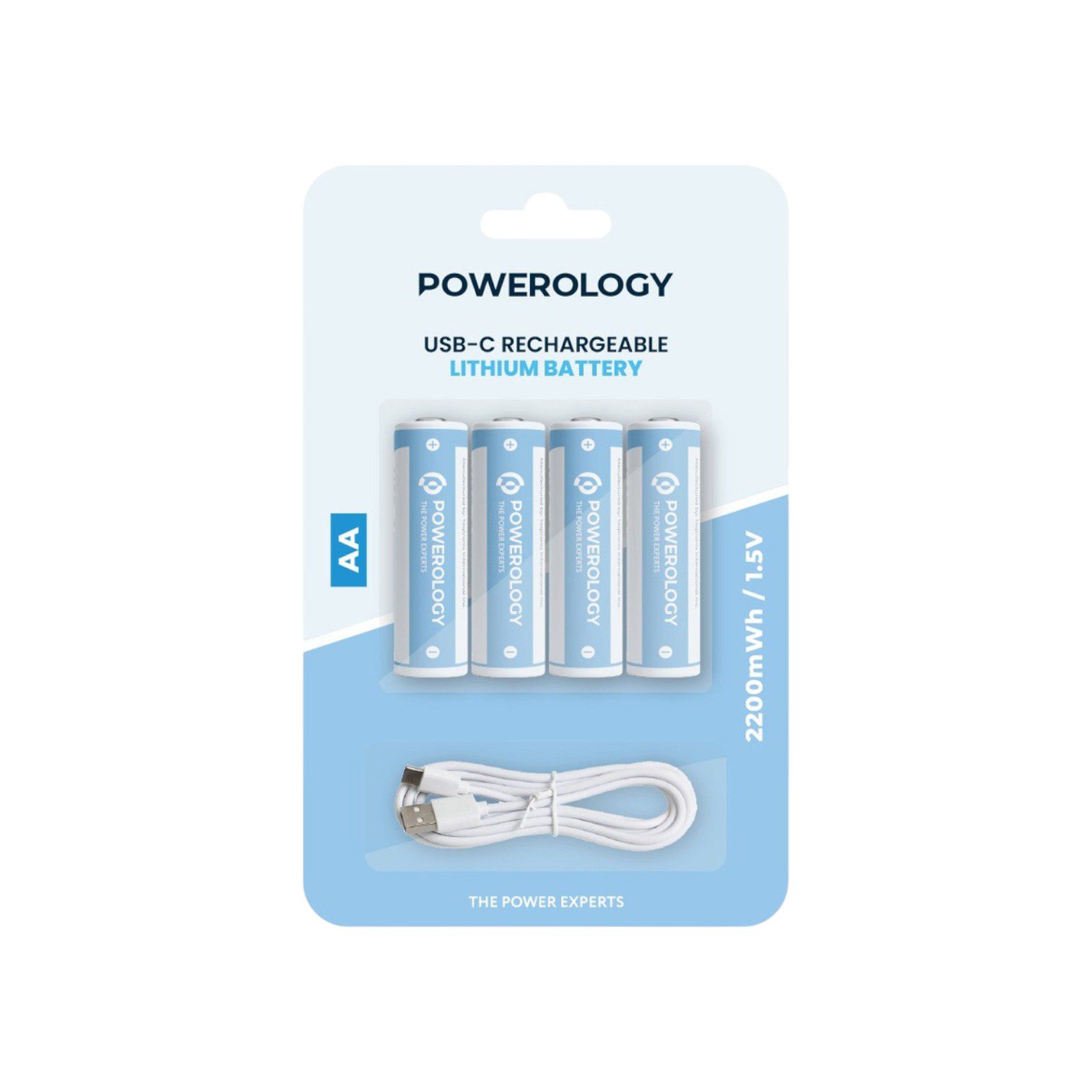 Powerology AA rechargeable batteries, USB-C AA battery, rechargeable AA battery pack, 1.5V rechargeable batteries, fast charging AA batteries, eco friendly batteries