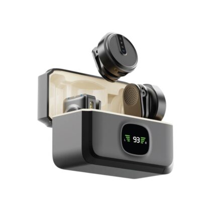 The Green Lion Digital Display Mic set featuring two wireless transmitters and a digital display charging case.