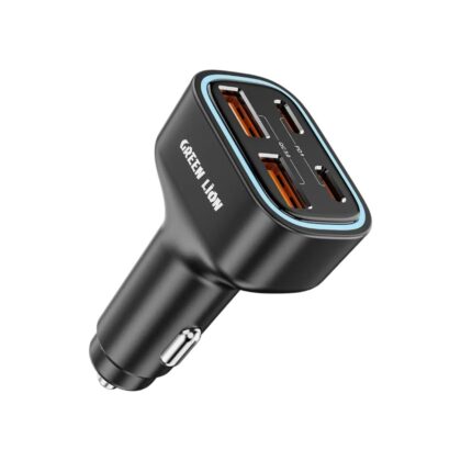The Green Lion Quad Port 70W Car Charger showing its four ports and ambient blue LED lighting.