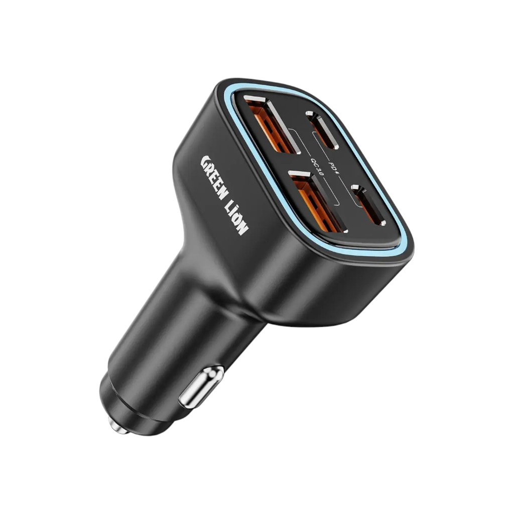The Green Lion Quad Port 70W Car Charger showing its four ports and ambient blue LED lighting.