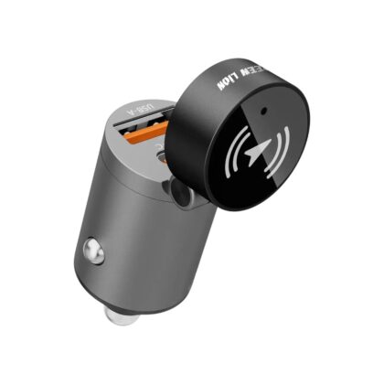 The Green Lion Tracker Dual Port Car Charger featuring aluminum alloy construction and dual USB ports.