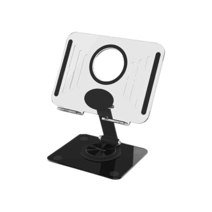 The Green Lion Transparent Tablet Stand featuring its clear 360-degree rotating base and anti-slip silicone pads.
