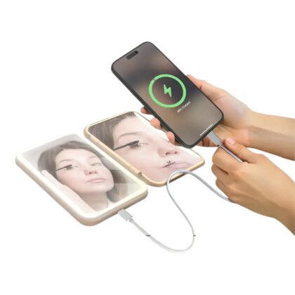 The Porodo 5000mAh Power Bank Magnifying Mirror displaying its LED lighting and sleek design.