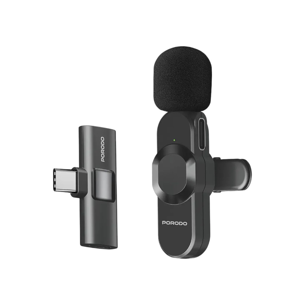 The Porodo Audix Lavalier Microphone featuring its compact clip-on design and Lightning converter.
