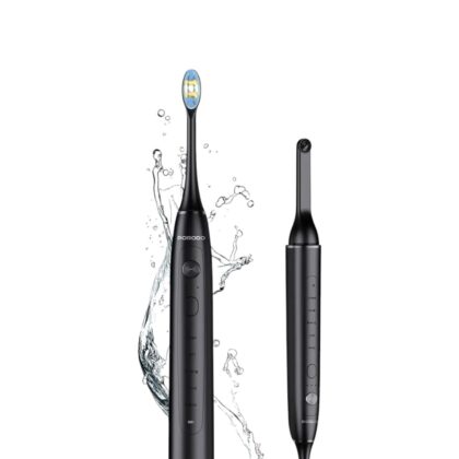 The Porodo Smart Sonic Visual Electric Toothbrush featuring the smart app interface and 1500mAh battery.