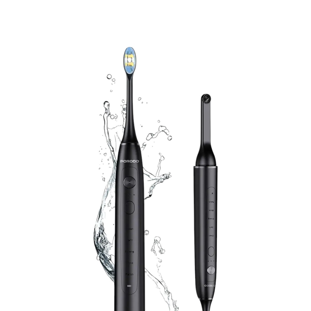 The Porodo Smart Sonic Visual Electric Toothbrush featuring the smart app interface and 1500mAh battery.