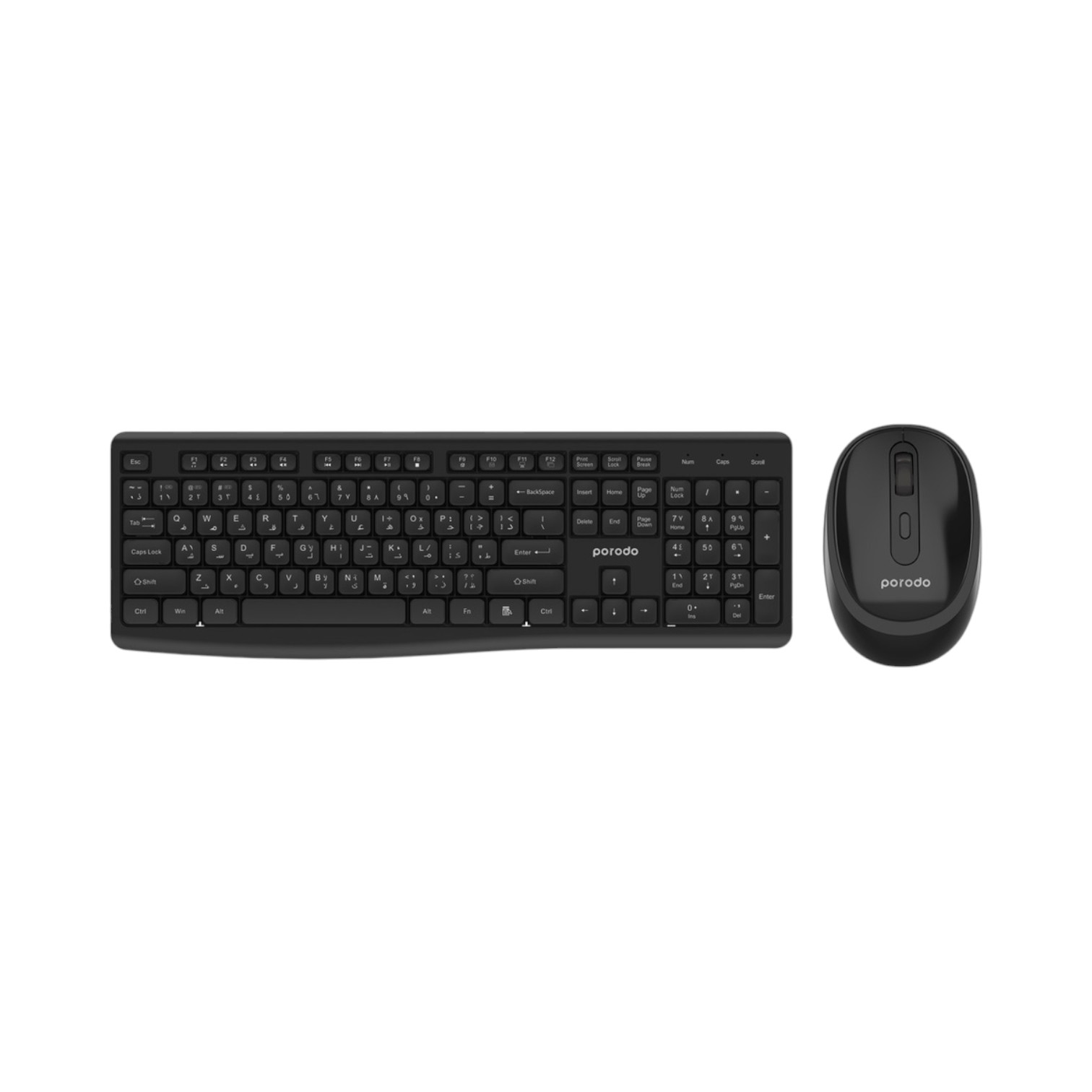 The Porodo Dual Mode Wireless Keyboard Mouse Set featuring 104 membrane keys and a 4-button adjustable DPI mouse.
