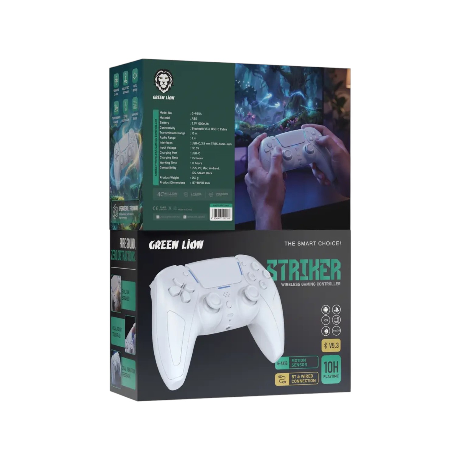 The Green Lion Striker Wireless Gaming Controller works across PS5, PC, Mac, Android, iOS, and Steam Deck. It connects via Bluetooth 5.3 or USB-C cable, so you can play smoothly at home or on the go. Made from sturdy ABS, it packs a 1000mAh rechargeable battery that keeps you playing up to 10 hours straight. The controller includes a responsive D-Pad, hall effect joysticks, a 6-axis motion sensor, and dual vibration motors for a more immersive feel. You'll also find a mute button, 3.5mm headphone jack, built-in speaker, upgradeable firmware, and a dual-point touchpad. Its ergonomic shape fits comfortably in your hands during long sessions, making it great for casual or competitive gaming.