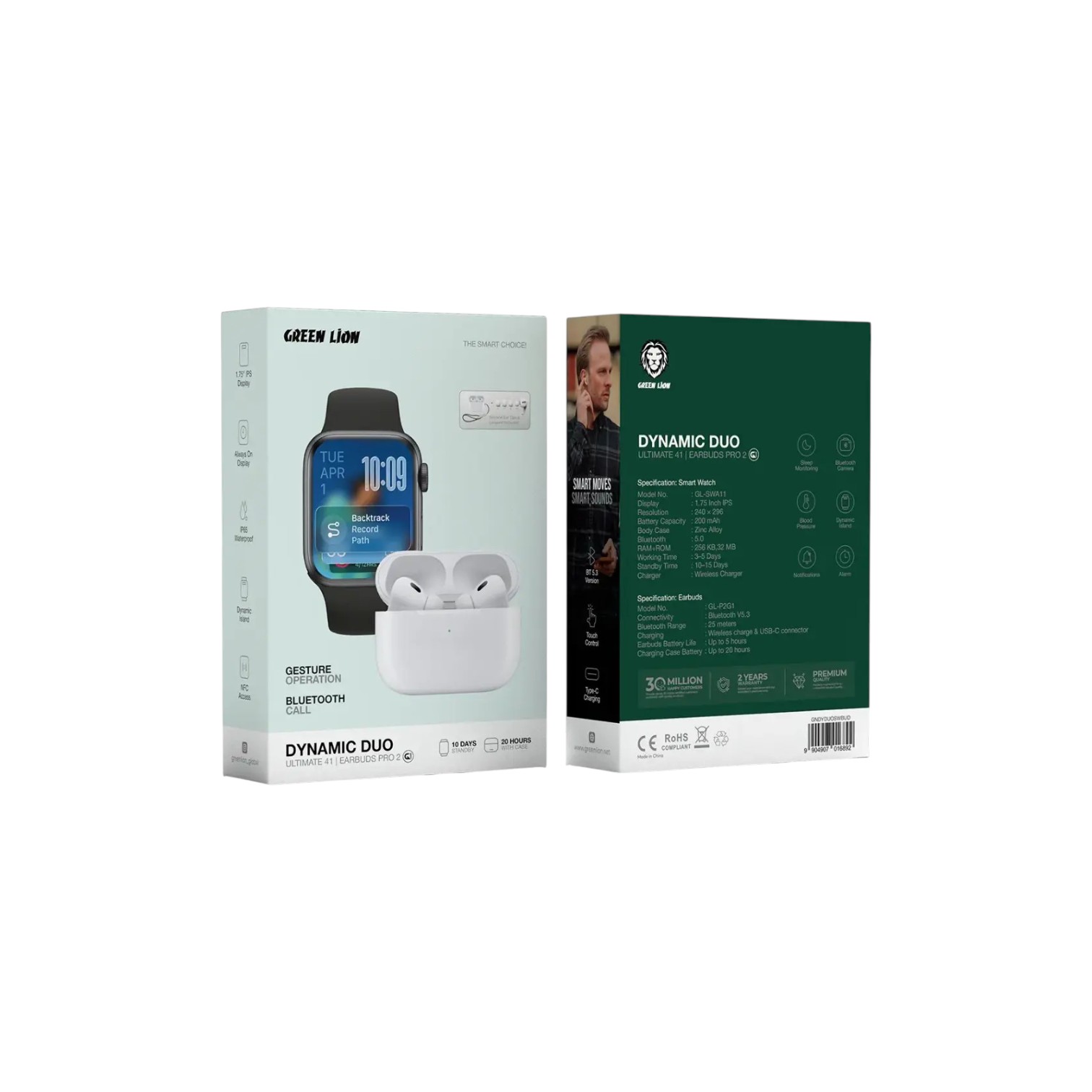 The Green Lion Dynamic Duo Earbuds & Smartwatch delivers a perfect combination of advanced technology through its Ultimate 41mm Smart Watch and Earbuds Pro 2.
