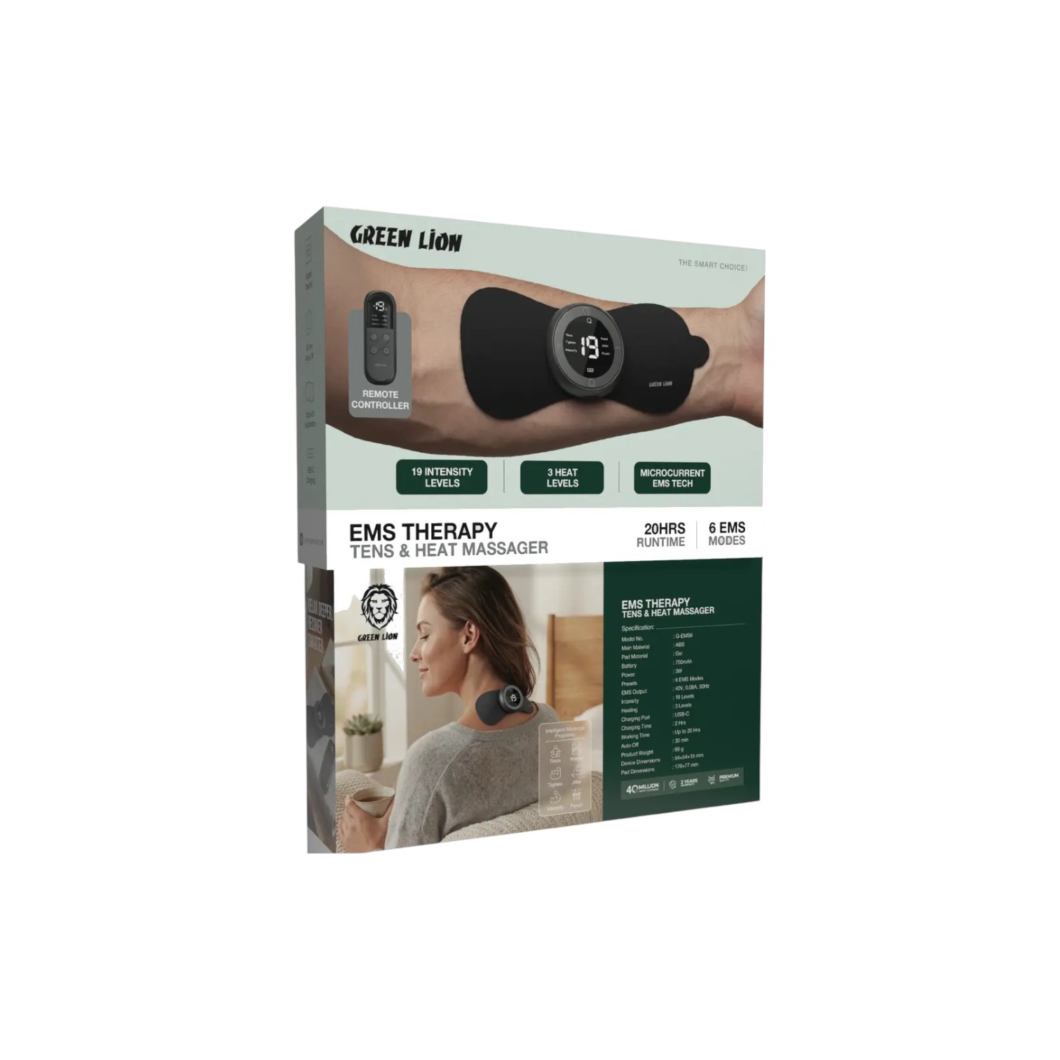 Green Lion EMS Therapy Tens & Heat Massager - Black (2) Relieve muscle fatigue with the Green Lion EMS Therapy Tens & Heat Massager. Features 6 EMS modes, 19 intensity levels, and 3 heat settings.