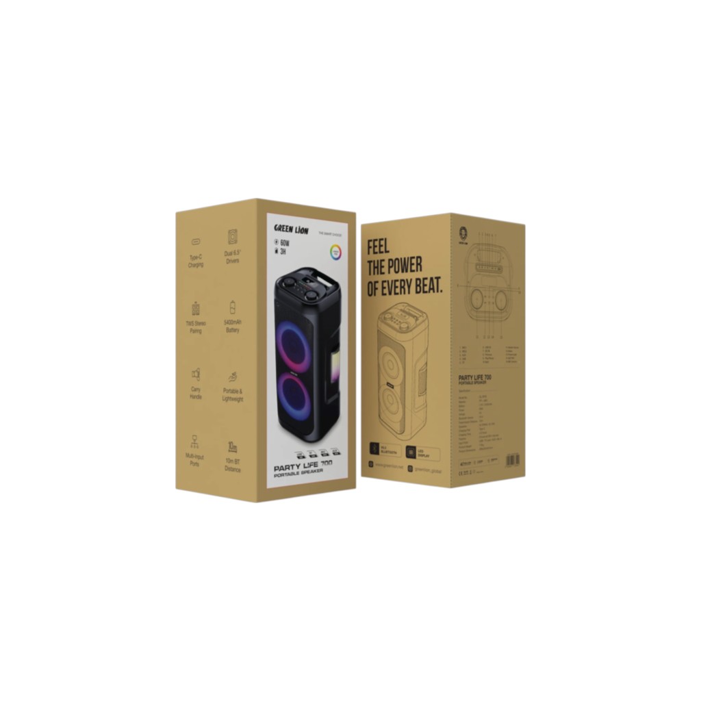 Green Lion Party Life 700 Speaker - Black (1) Party Life 700 Portable Speaker front view with dual 6.5 inch drivers