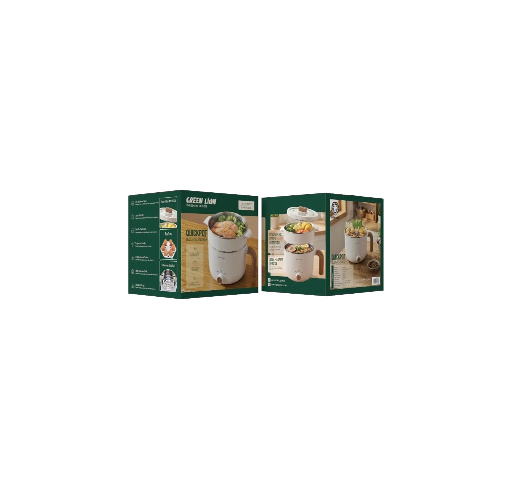Green Lion QuickPot Electric Cooker 1.5L with glass lid and steamer basket