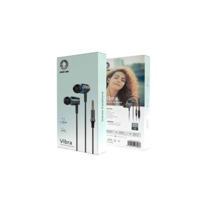 Green Lion Vibra wired earphones showing built-in microphone and call button
