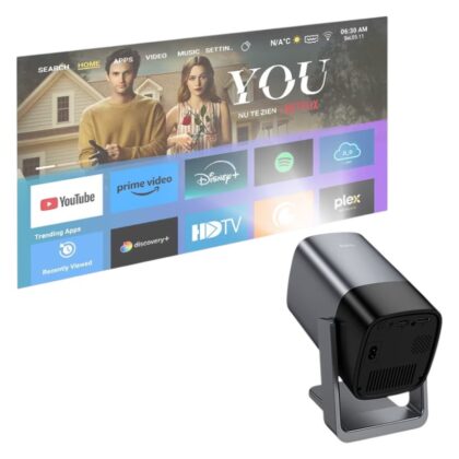 Hoco DT7 1080p Android projector casting a movie onto a living room wall