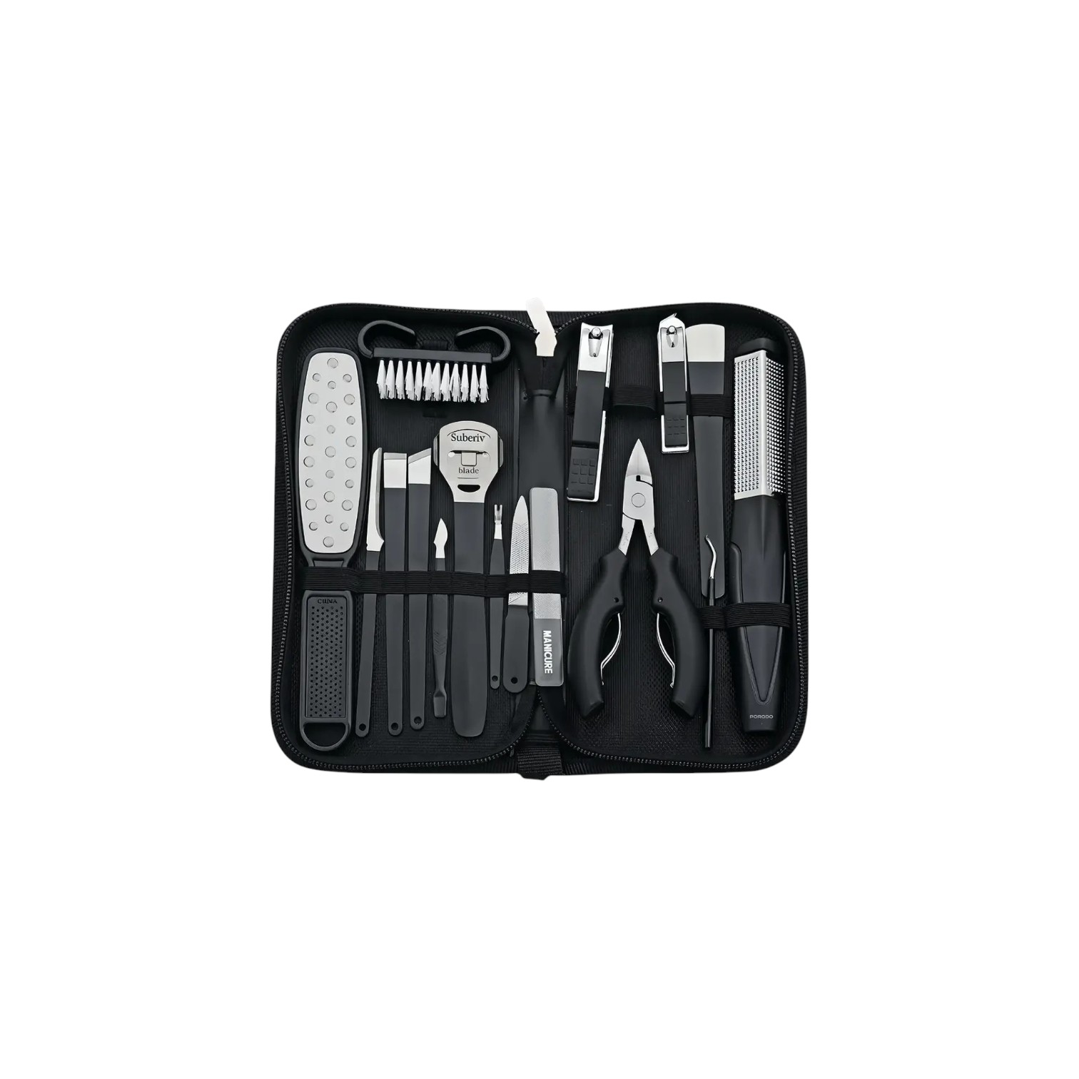 Porodo 16-in-1 manicure and pedicure grooming set showing stainless steel tools