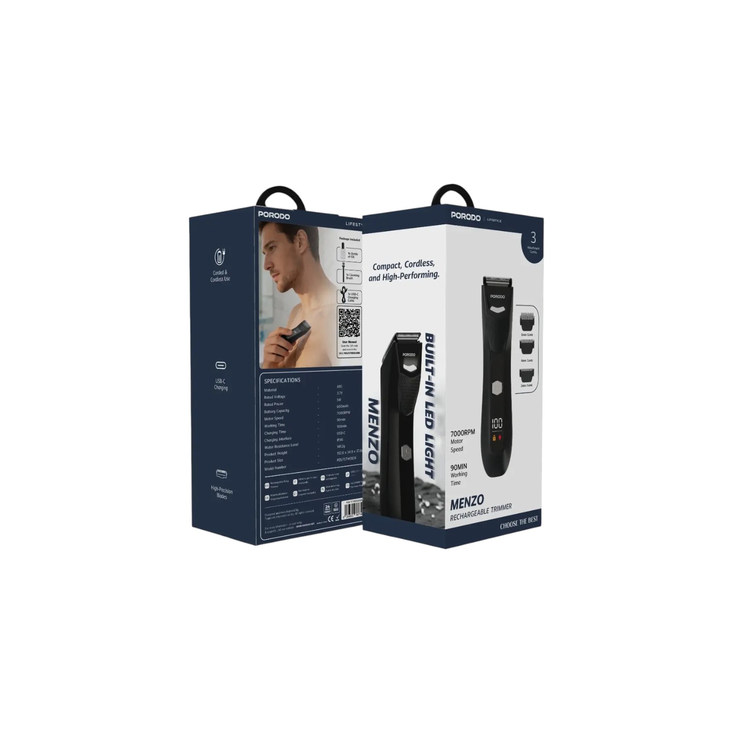 Cordless grooming trimmer showing USB-C charging port close-up