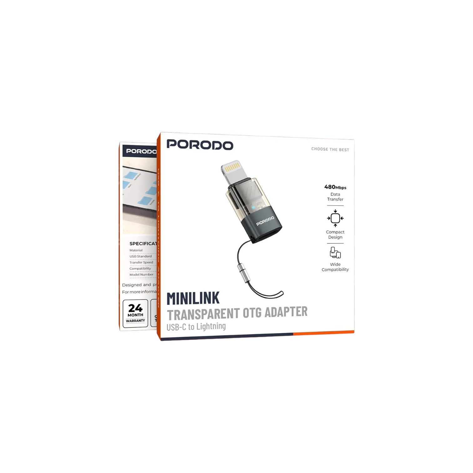 Porodo MiniLink Transparent OTG Adapter USB-C to Lightning - Grey