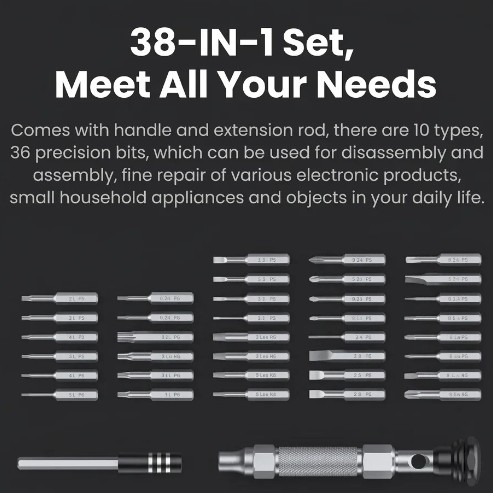 UGREEN CM372 precision screwdriver kit showing 36 S2 alloy steel bits layout
