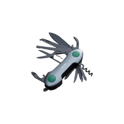 Green Lion keychain multi-tool showing 65mm SS420 stainless steel blade