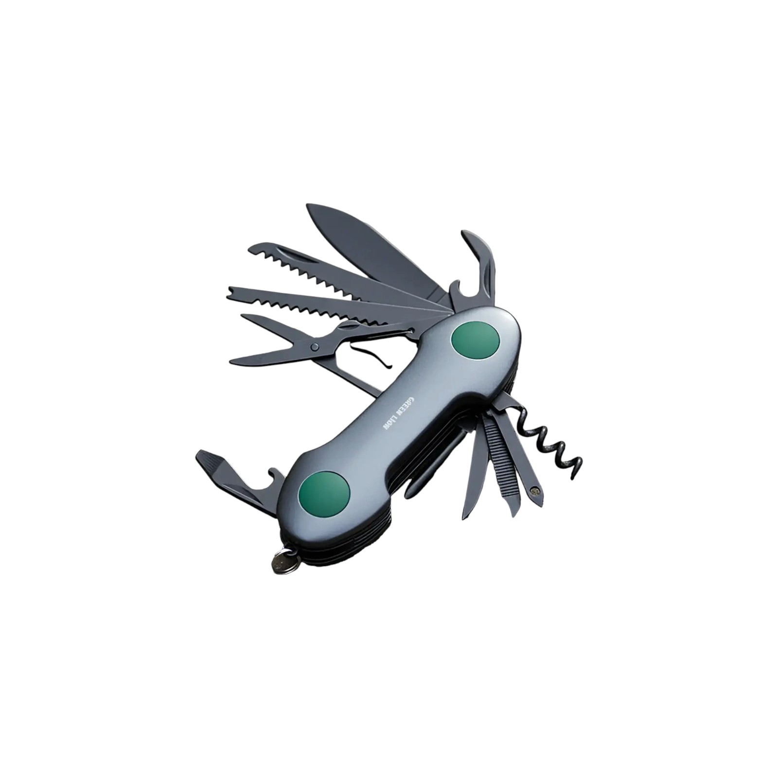 Green Lion keychain multi-tool showing 65mm SS420 stainless steel blade