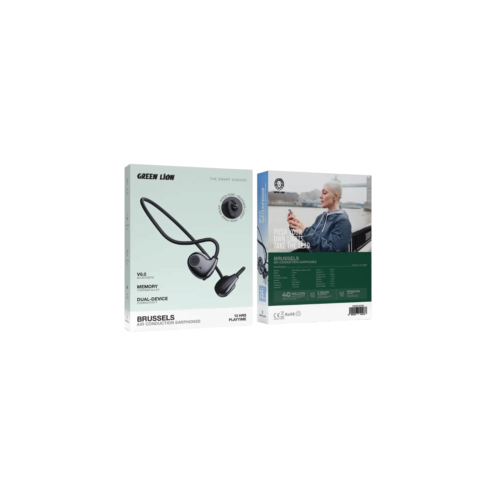 Green Lion Brussels Air Conduction Earphones in black showing open-ear titanium band