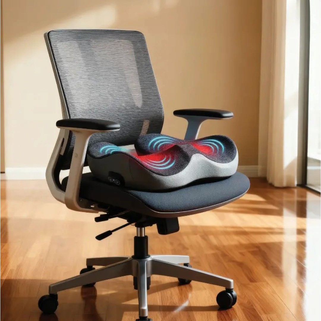 Green Lion RELIEVE PRO Seat Cushion with Massage Function - Gray (3) Cordless foot massager showing LED indicator and one-button operation interface