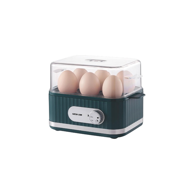 Green Lion Smart Egg Cooker front view with 6-egg tray and jog dial
