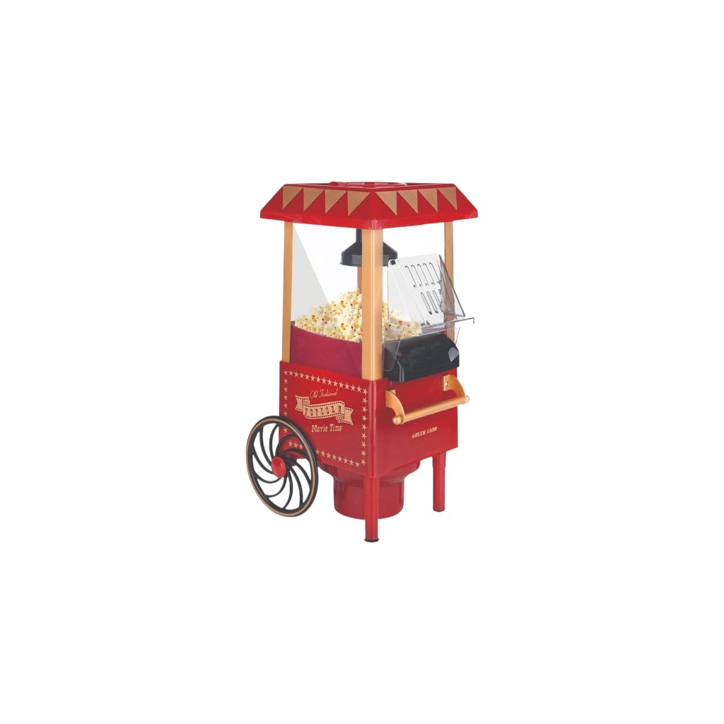 Green Lion Vintage Popcorn Maker front view with retro red and transparent PC shell