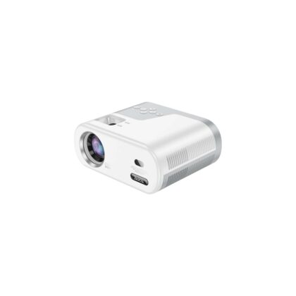Hoco DT2 mini projector showing HDTV, USB, AV, and AUX interface ports