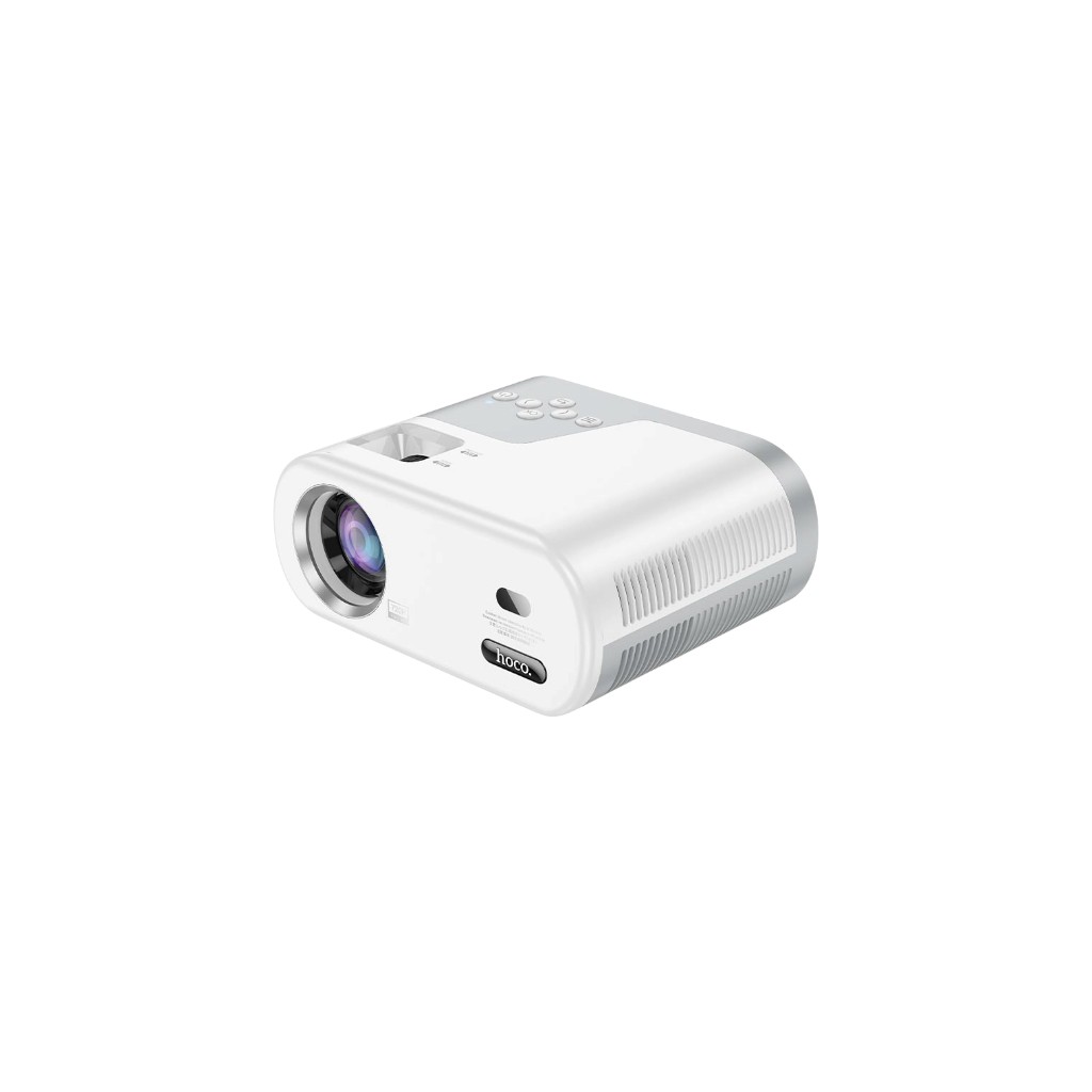 Hoco DT2 mini projector showing HDTV, USB, AV, and AUX interface ports