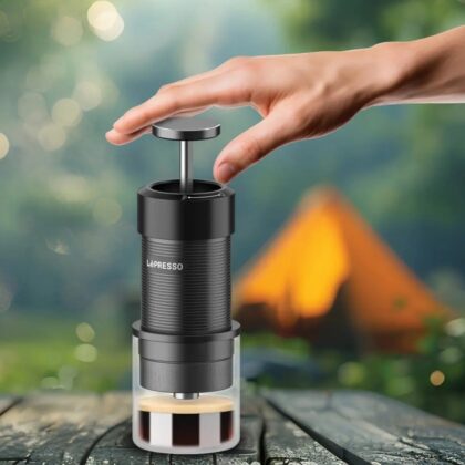 Lepresso manual espresso maker showing hand-pump lever and water chamber