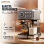 Lepresso espresso machine showing integrated milk tank and digital temperature display