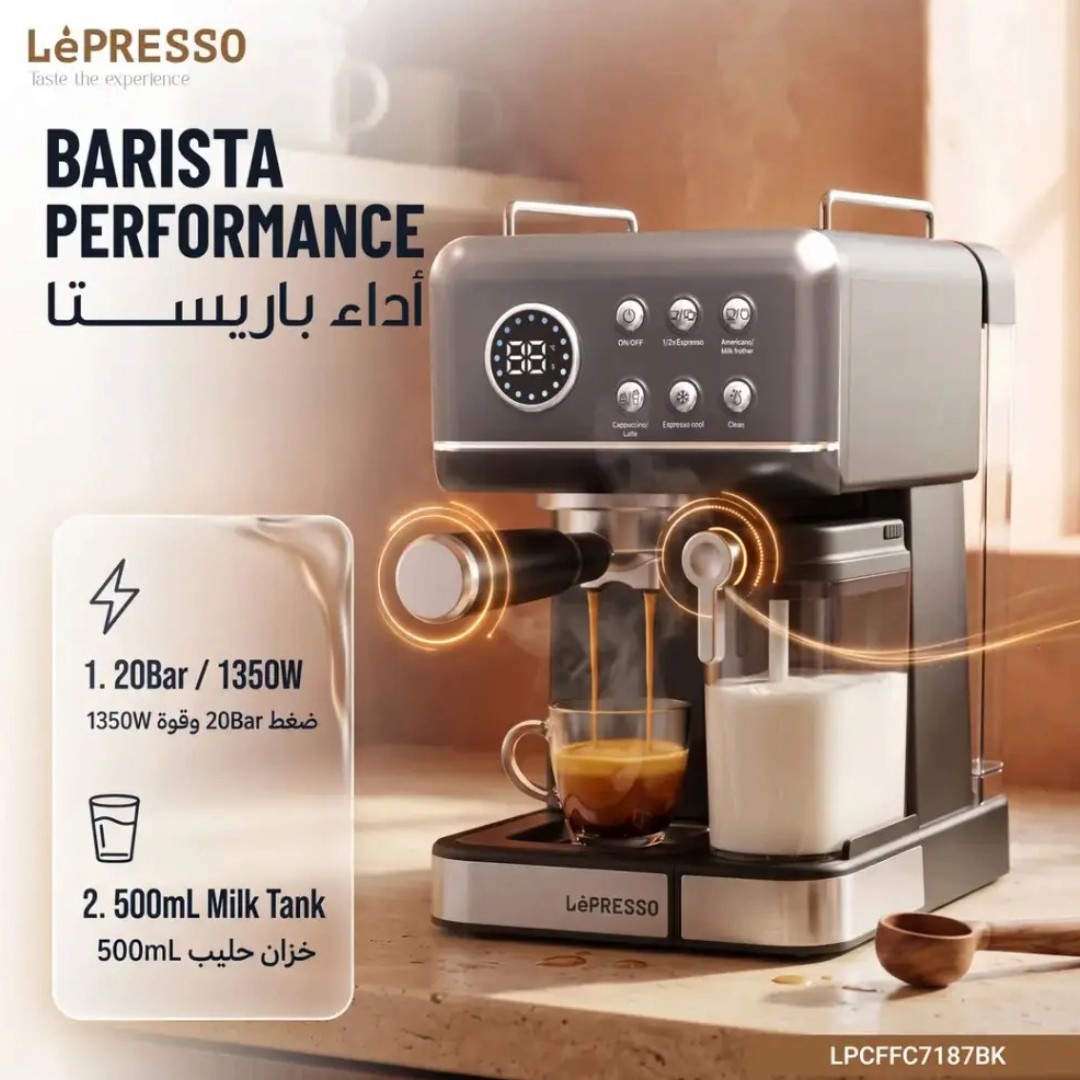 Lepresso espresso machine showing integrated milk tank and digital temperature display