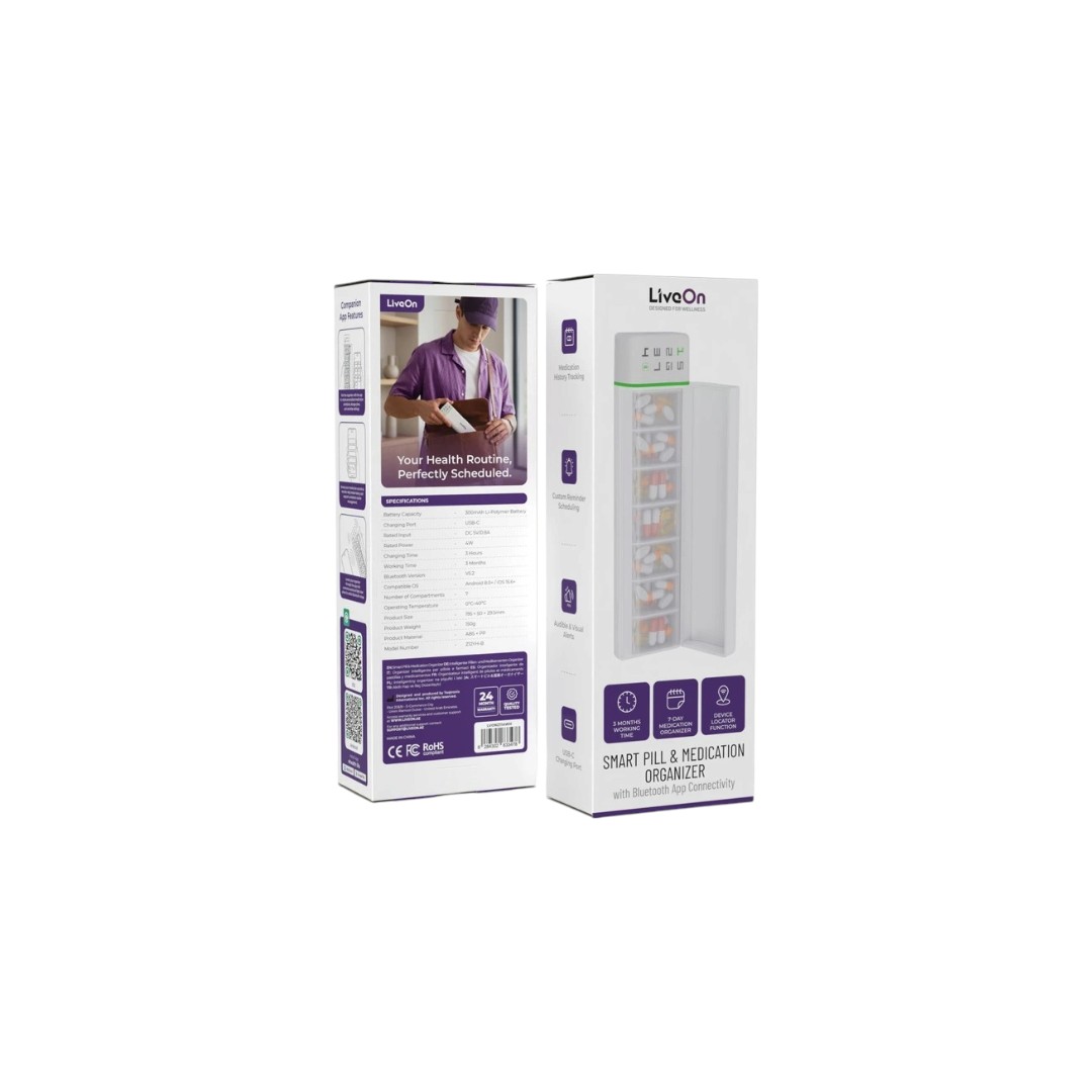 LiveOn Smart Pill & Medication Organizer with Bluetooth App Connectivity - White