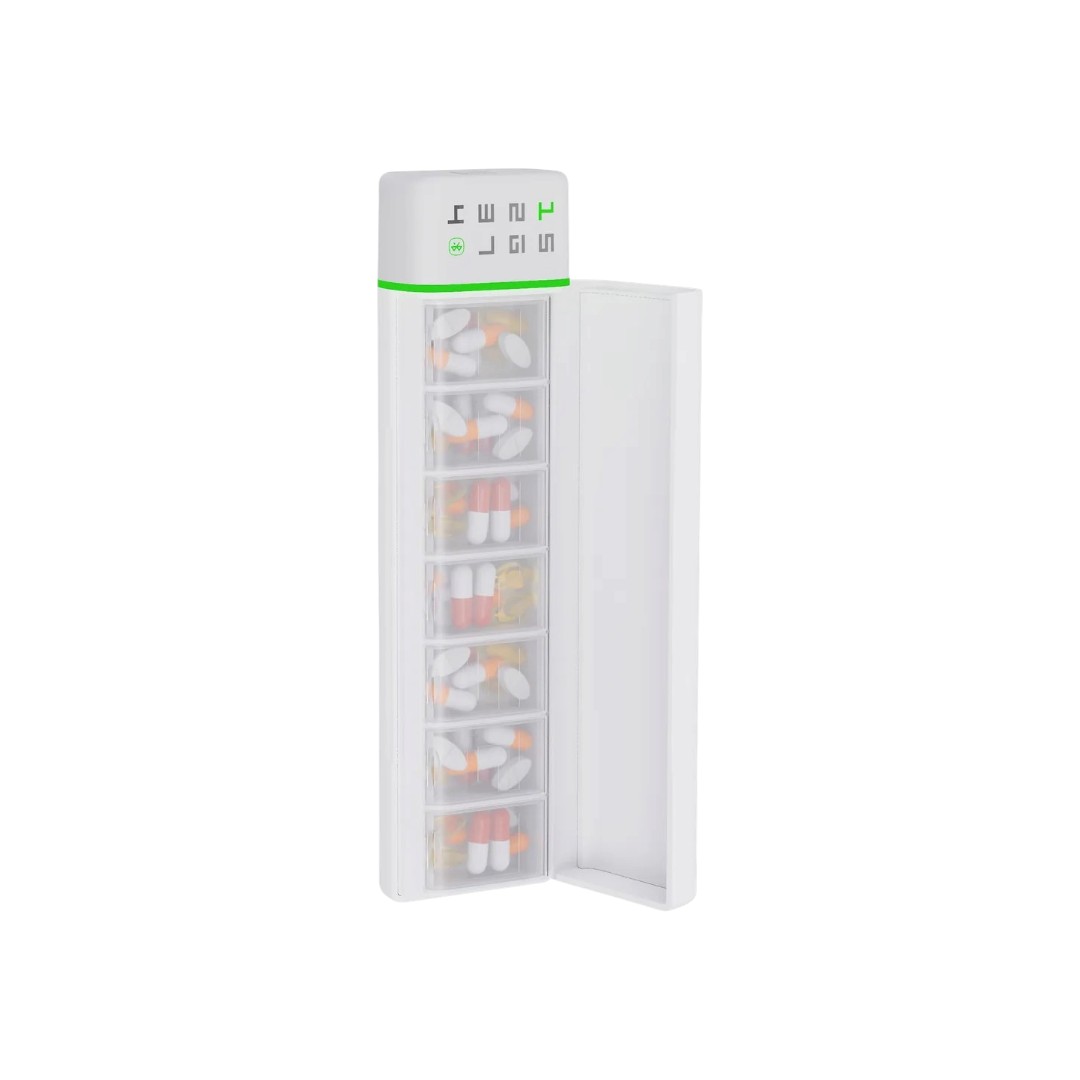 LiveOn Smart Pill & Medication Organizer in white with 7 compartments